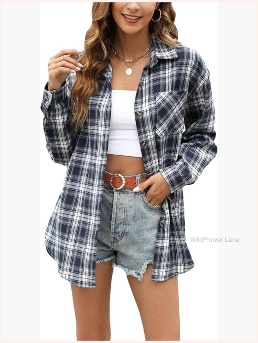Oversized Plaid Flannel Button Down Shirt Blouse